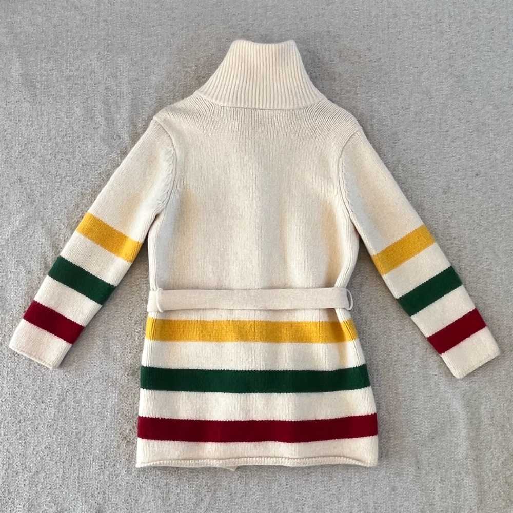 Liz Claiborne Vtg lambs wool blend tie waist sweater, Hudson Bay stripe design - Picture 2 of 16